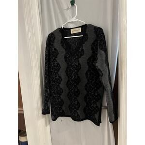 Jennifer Roberts Black Gray Wool Faux Lace Detail Tunic Sweater Sz L As Is
